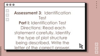 SLIDESMANIA.
Assessment 3: Identification
Test
Part I: Identification Test
Directions: Read each
statement carefully. Identify
the type of plot structure
being described. Write the
letter of the correct answer.
 