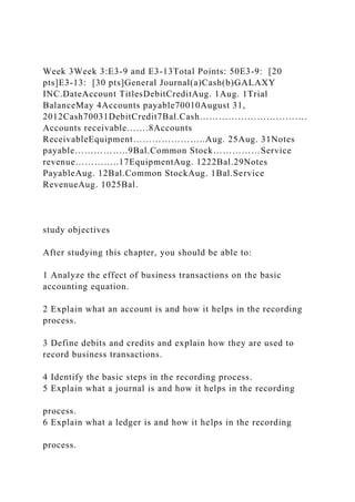 Week 3Week 3:E3-9 and E3-13Total Points: 50E3-9: [20
pts]E3-13: [30 pts]General Journal(a)Cash(b)GALAXY
INC.DateAccount TitlesDebitCreditAug. 1Aug. 1Trial
BalanceMay 4Accounts payable70010August 31,
2012Cash70031DebitCredit7Bal.Cash…………………………….
Accounts receivable…….8Accounts
ReceivableEquipment…………………..Aug. 25Aug. 31Notes
payable……………..9Bal.Common Stock……………Service
revenue…………..17EquipmentAug. 1222Bal.29Notes
PayableAug. 12Bal.Common StockAug. 1Bal.Service
RevenueAug. 1025Bal.
study objectives
After studying this chapter, you should be able to:
1 Analyze the effect of business transactions on the basic
accounting equation.
2 Explain what an account is and how it helps in the recording
process.
3 Define debits and credits and explain how they are used to
record business transactions.
4 Identify the basic steps in the recording process.
5 Explain what a journal is and how it helps in the recording
process.
6 Explain what a ledger is and how it helps in the recording
process.
 