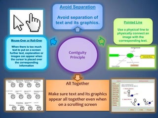 Avoid Separation

    Avoid separation of
   text and its graphics.             Pointed Line

                                  Use a physical line to
                                  physically connect an
                                     image with the
                                   corresponding text.


          Contiguity
           Principle




         All Together

Make sure text and its graphics
appear all together even when
    on a scrolling screen
 