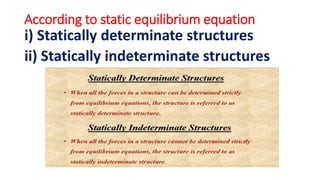 According to static equilibrium equation
i) Statically determinate structures
ii) Statically indeterminate structures
 