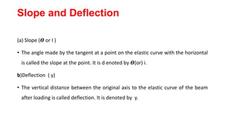 Slope and Deflection
(a) Slope (𝜭 or I )
• The angle made by the tangent at a point on the elastic curve with the horizontal
is called the slope at the point. It is d enoted by 𝜭(or) i.
b)Deflection ( y)
• The vertical distance between the original axis to the elastic curve of the beam
after loading is called deflection. It is denoted by y.
 