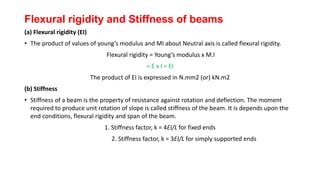 Flexural rigidity and Stiffness of beams
(a) Flexural rigidity (EI)
• The product of values of young’s modulus and MI about Neutral axis is called flexural rigidity.
Flexural rigidity = Young’s modulus x M.I
= E x I = EI
The product of EI is expressed in N.mm2 (or) kN.m2
(b) Stiffness
• Stiffness of a beam is the property of resistance against rotation and deflection. The moment
required to produce unit rotation of slope is called stiffness of the beam. It is depends upon the
end conditions, flexural rigidity and span of the beam.
1. Stiffness factor, k = 4EI/L for fixed ends
2. Stiffness factor, k = 3EI/L for simply supported ends
 