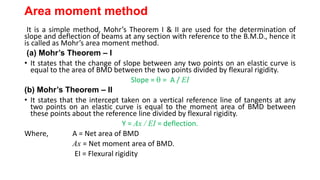 Area moment method
It is a simple method, Mohr’s Theorem I & II are used for the determination of
slope and deflection of beams at any section with reference to the B.M.D., hence it
is called as Mohr’s area moment method.
(a) Mohr’s Theorem – I
• It states that the change of slope between any two points on an elastic curve is
equal to the area of BMD between the two points divided by flexural rigidity.
Slope =  = A / EI
(b) Mohr’s Theorem – II
• It states that the intercept taken on a vertical reference line of tangents at any
two points on an elastic curve is equal to the moment area of BMD between
these points about the reference line divided by flexural rigidity.
Y = Ax / EI = deflection.
Where, A = Net area of BMD
Ax = Net moment area of BMD.
EI = Flexural rigidity
 