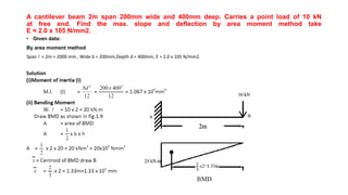 A cantilever beam 2m span 200mm wide and 400mm deep. Carries a point load of 10 kN
at free end. Find the max. slope and deflection by area moment method take
E = 2.0 x 105 N/mm2.
• Given data:
By area moment method
Span  = 2m = 2000 mm , Wide b = 200mm,Depth d = 400mm, E = 2.0 x 105 N/mm2.
 