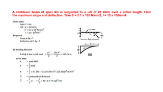 A cantilever beam of span 4m is subjected to a udl of 20 kN/m over a entire length. Find
the maximum slope and deflection. Take E = 2.1 x 105 N/mm2, I = 15 x 108mm4
 