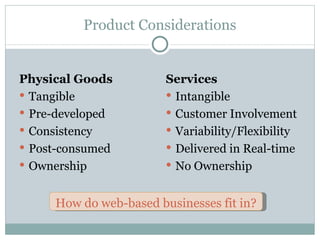 Product Considerations Physical Goods Tangible Pre-developed Consistency Post-consumed Ownership Services Intangible Customer Involvement Variability/Flexibility Delivered in Real-time No Ownership How do web-based businesses fit in? 