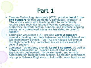 Part 1 Campus Technology Assistants (CTA), provide  Level 1 on-site support  for two Elementary campuses. Typically, a CTA works closely with teaching staff to immediately resolve basic technical issues involving computers, data projectors, network access, printing, and distance learning events. Any unresolved issues are escalated to Level 2 support.  Technician Assistants (TA), provide  Level 2 support , normally dividing their time between one Middle School and two Elementary Schools. Two TAs are housed full-time at the High School. Any unresolved issues are escalated to Level 3 support. Computer Technicians, provide  Level 3 support , as well as network administration, supervision of CTAs and TAs, applications deployment, hardware repair, and on-site Administration Building tech support. Computer Technicians rely upon Network Engineers to help with unresolved issues 