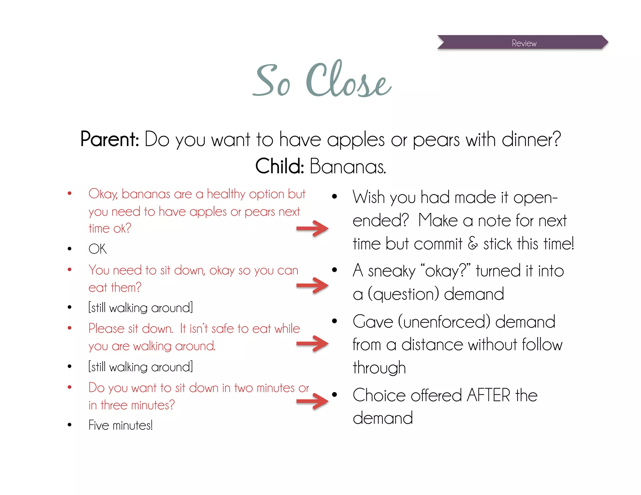 Review




                                   So Close
  Parent: Do you want to have apples or pears with dinner?
                      Child: Bananas.
•  Okay, bananas are a healthy option but        •  Wish you had made it open-
   you need to have apples or pears next
   time ok?                                         ended? Make a note for next
•  OK                                               time but commit & stick this time!
•  You need to sit down, okay so you can         •  A sneaky “okay?” turned it into
   eat them?
                                                    a (question) demand
•  [still walking around]
•  Please sit down. It isn’t safe to eat while   •  Gave (unenforced) demand
   you are walking around.                          from a distance without follow
•  [still walking around]                           through
•  Do you want to sit down in two minutes or
   in three minutes?
                                                 •  Choice offered AFTER the
•  Five minutes!                                    demand
 