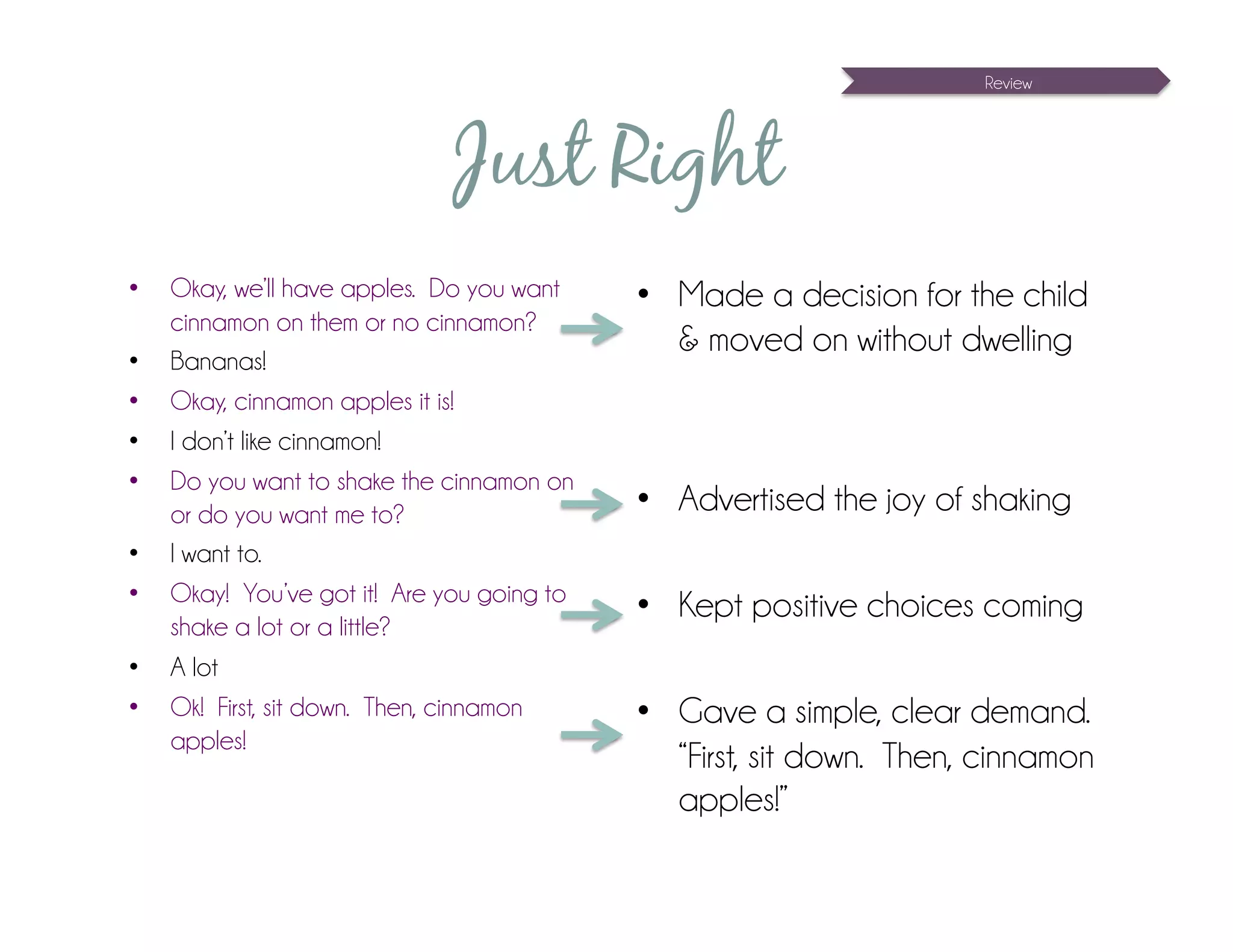 Review




                             Just Right
•  Okay, we’ll have apples. Do you want    •  Made a decision for the child
   cinnamon on them or no cinnamon?
                                              & moved on without dwelling
•  Bananas!
•  Okay, cinnamon apples it is!
•  I don’t like cinnamon!
•  Do you want to shake the cinnamon on
   or do you want me to?                   •  Advertised the joy of shaking
•  I want to.
•  Okay! You’ve got it! Are you going to
                                           •  Kept positive choices coming
   shake a lot or a little?
•  A lot
•  Ok! First, sit down. Then, cinnamon     •  Gave a simple, clear demand.
   apples!
                                              “First, sit down. Then, cinnamon
                                              apples!”
 