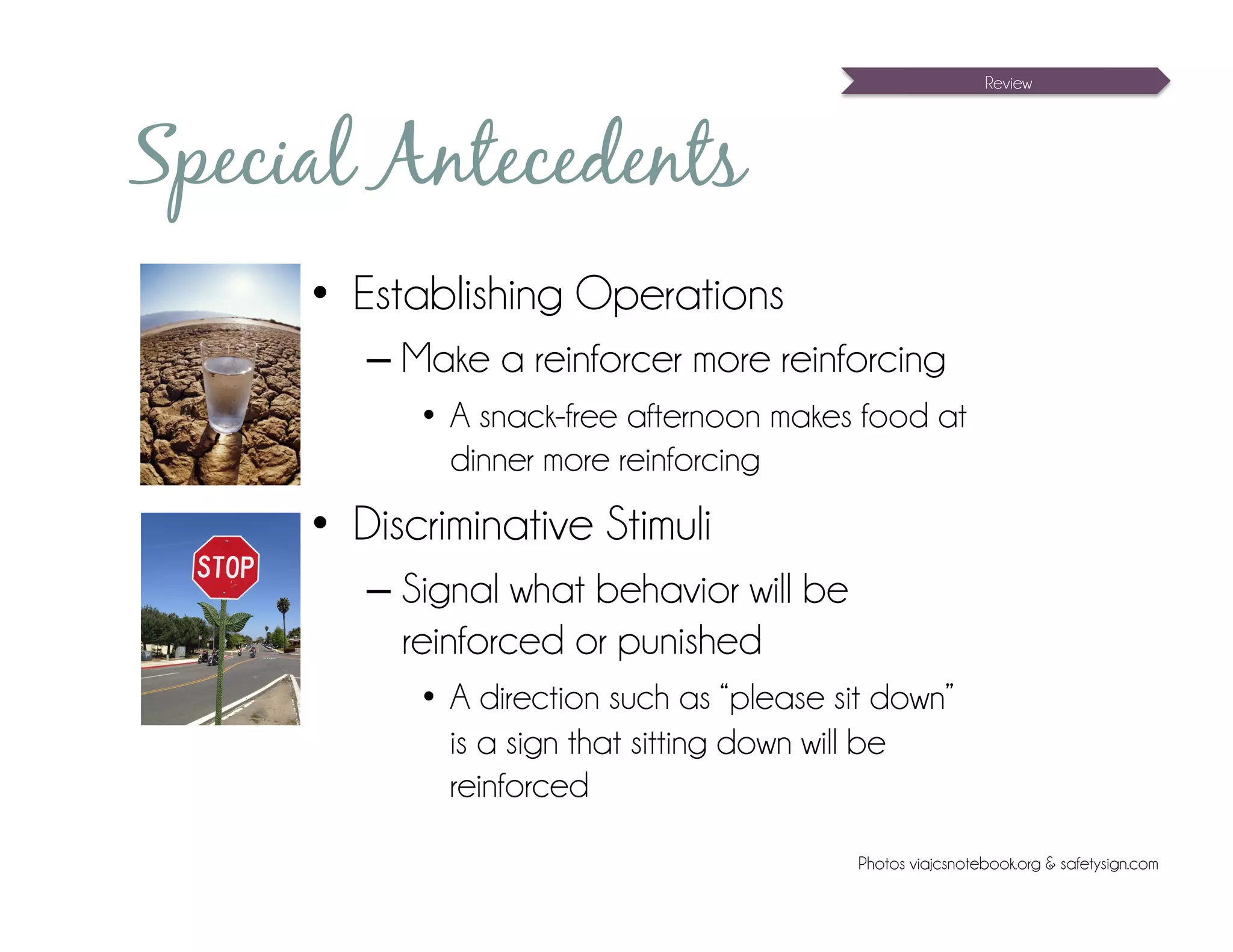 Review




Special Antecedents
     •  Establishing Operations
        – Make a reinforcer more reinforcing
           •  A snack-free afternoon makes food at
              dinner more reinforcing
     •  Discriminative Stimuli
        – Signal what behavior will be
          reinforced or punished
           •  A direction such as “please sit down”
              is a sign that sitting down will be
              reinforced
                                           Photos viajcsnotebook.org & safetysign.com
 