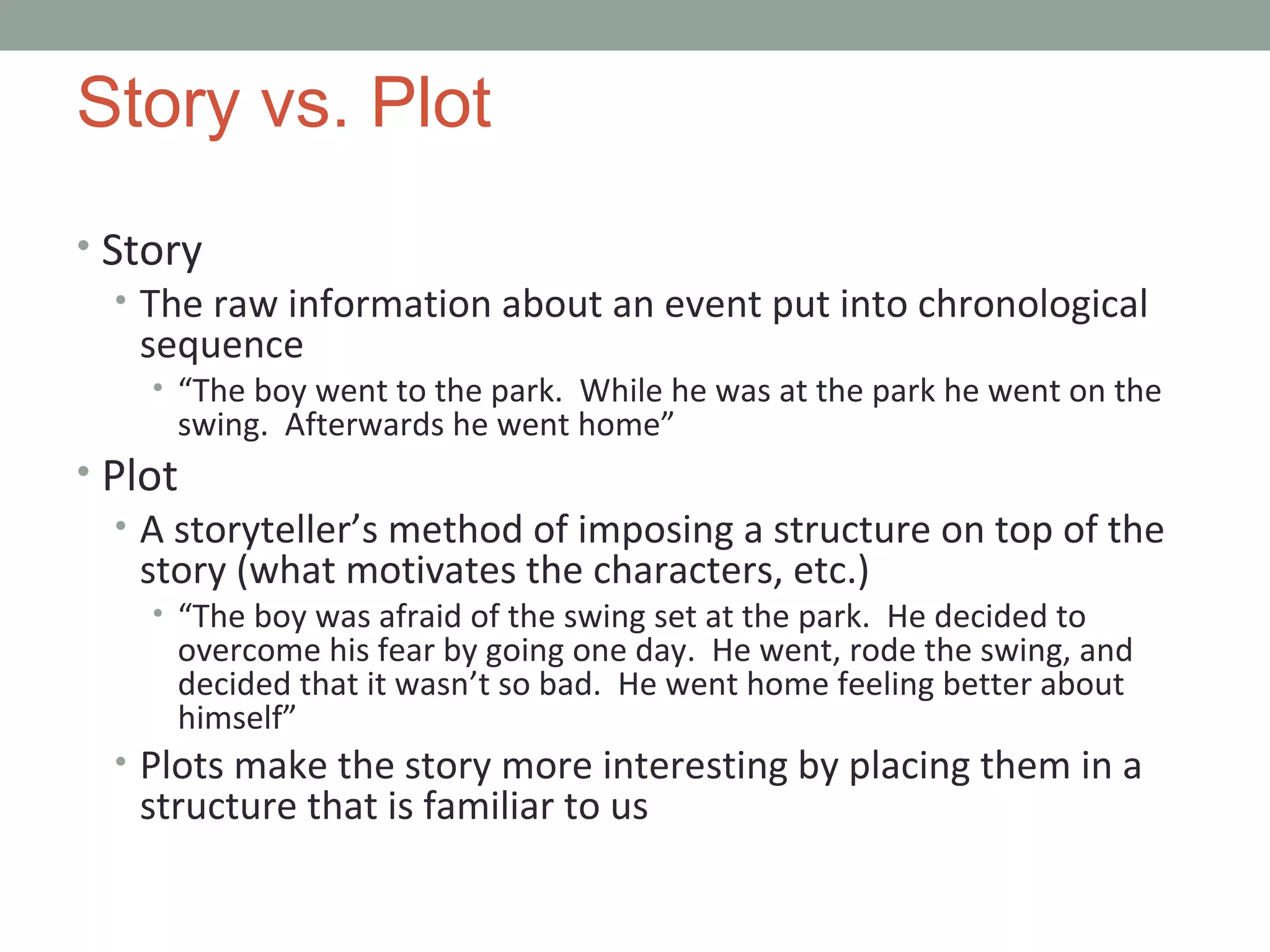 Story vs. Plot
• Story
• The raw information about an event put into chronological
sequence
• “The boy went to the park. While he was at the park he went on the
swing. Afterwards he went home”
• Plot
• A storyteller’s method of imposing a structure on top of the
story (what motivates the characters, etc.)
• “The boy was afraid of the swing set at the park. He decided to
overcome his fear by going one day. He went, rode the swing, and
decided that it wasn’t so bad. He went home feeling better about
himself”
• Plots make the story more interesting by placing them in a
structure that is familiar to us
 