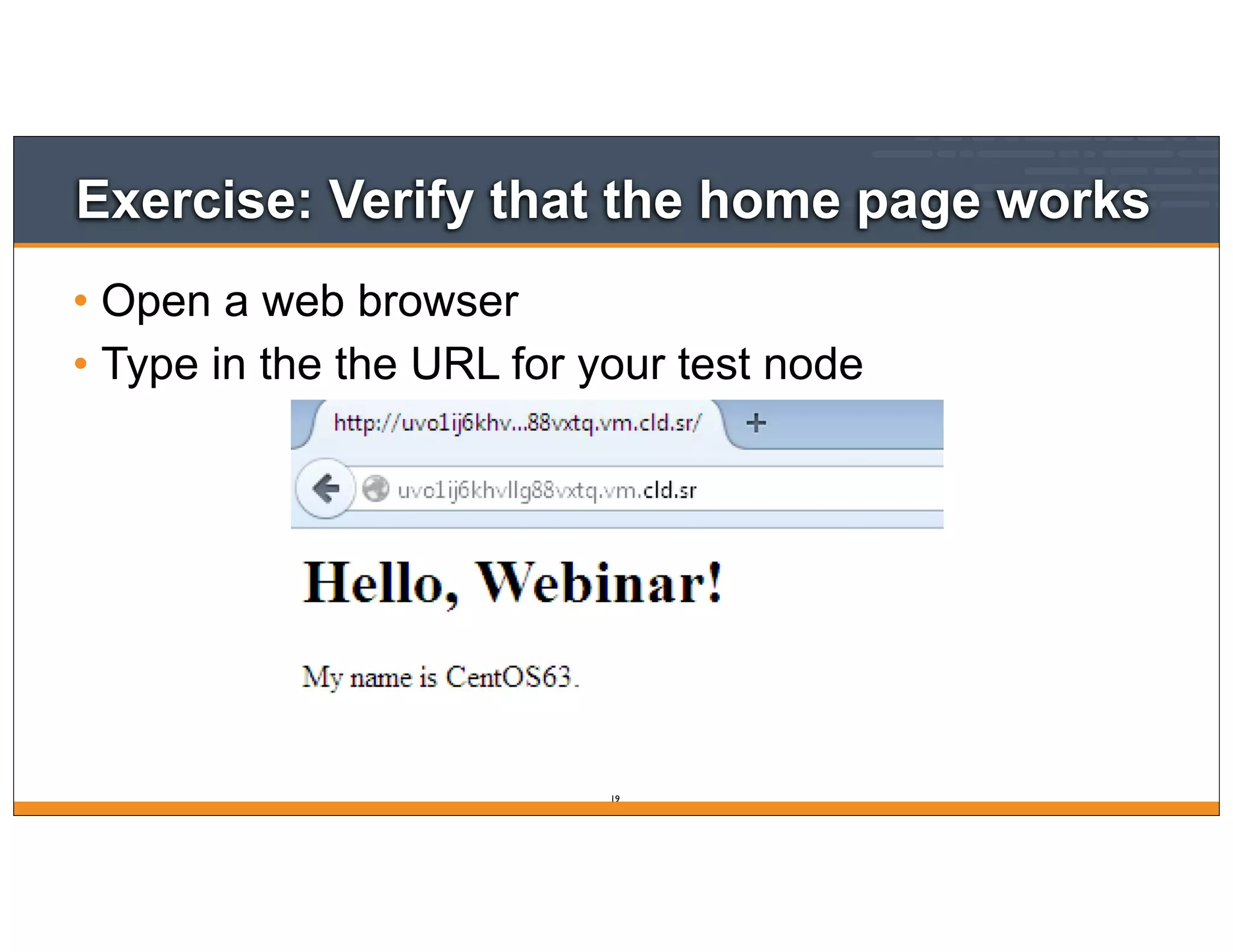 Exercise: Verify that the home page works
• Open a web browser
• Type in the the URL for your test node
19
 