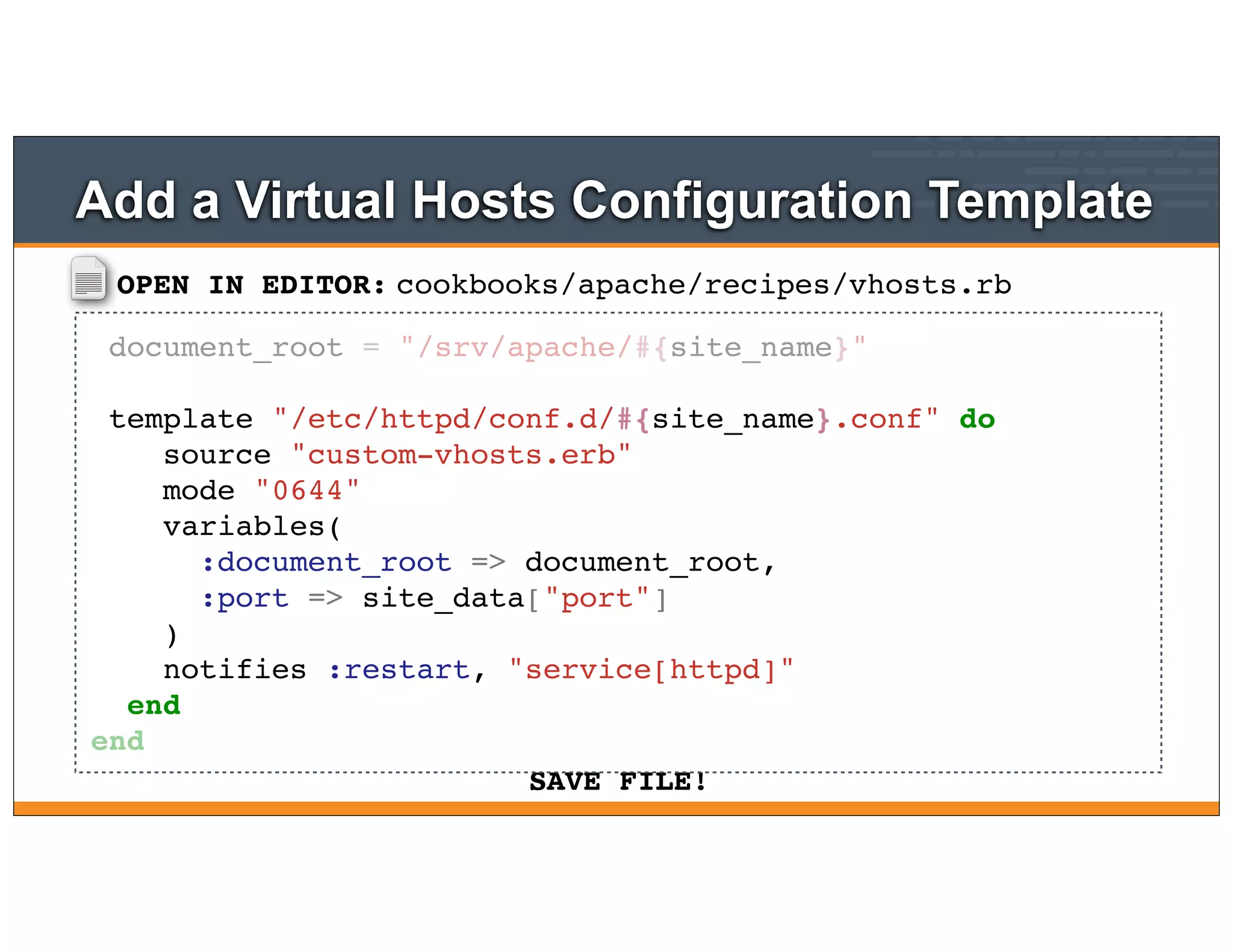 OPEN IN EDITOR:
SAVE FILE!
cookbooks/apache/recipes/vhosts.rb
document_root = "/srv/apache/#{site_name}"
template "/etc/httpd/conf.d/#{site_name}.conf" do
source "custom-vhosts.erb"
mode "0644"
variables(
:document_root => document_root,
:port => site_data["port"]
)
notifies :restart, "service[httpd]"
end
end
Add a Virtual Hosts Configuration Template
 