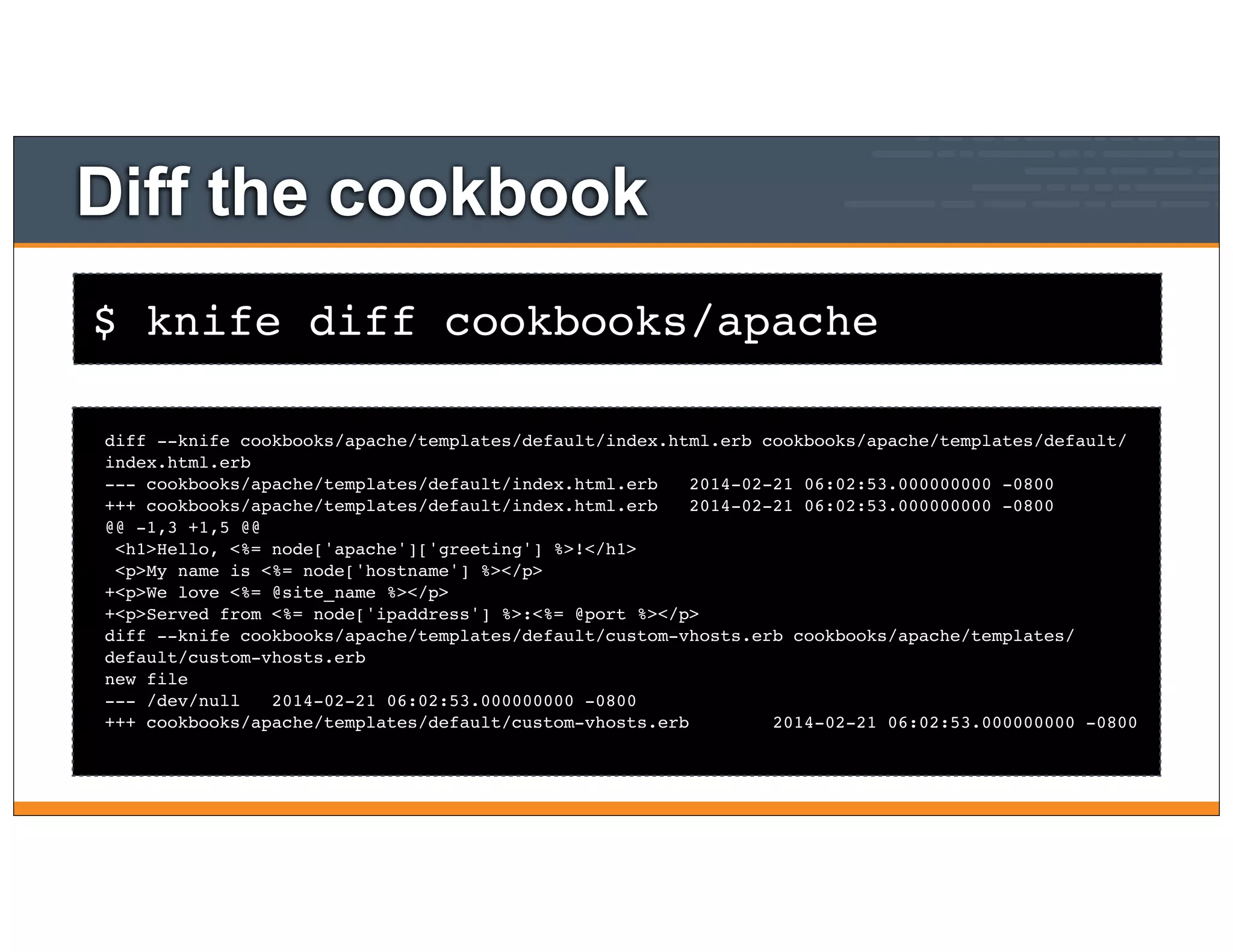 $ knife diff cookbooks/apache
Diff the cookbook
diff --knife cookbooks/apache/templates/default/index.html.erb cookbooks/apache/templates/default/
index.html.erb
--- cookbooks/apache/templates/default/index.html.erb 2014-02-21 06:02:53.000000000 -0800
+++ cookbooks/apache/templates/default/index.html.erb 2014-02-21 06:02:53.000000000 -0800
@@ -1,3 +1,5 @@
<h1>Hello, <%= node['apache']['greeting'] %>!</h1>
<p>My name is <%= node['hostname'] %></p>
+<p>We love <%= @site_name %></p>
+<p>Served from <%= node['ipaddress'] %>:<%= @port %></p>
diff --knife cookbooks/apache/templates/default/custom-vhosts.erb cookbooks/apache/templates/
default/custom-vhosts.erb
new file
--- /dev/null 2014-02-21 06:02:53.000000000 -0800
+++ cookbooks/apache/templates/default/custom-vhosts.erb 2014-02-21 06:02:53.000000000 -0800
 