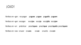 ¡OJO!
Verbos en –gar: no pagar pagues pague paguéis paguen
Verbos en –ger: escoger escojas escoja escojáis escojan
Verbos en –ar: prácticar practiques practique practiquéis practiquen
Verbos en –zas: cruzar cruces cruce crucéis crucen
 