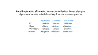 En el imperativo afirmativo los verbos reflexivos llevan siempre
el pronombre después del verbo y forman una sola palabra
RELAJARSE SENTARSE DIVERTIRSE
Tú relájate siéntate diviértete
Usted relájese siéntese diviértase
Vosotros/as relajaos sentaos divertíos
Ustedes relájense siéntense diviértanse
 
