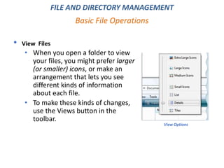 Basic File Operations
FILE AND DIRECTORY MANAGEMENT
• View Files
• When you open a folder to view
your files, you might prefer larger
(or smaller) icons, or make an
arrangement that lets you see
different kinds of information
about each file.
• To make these kinds of changes,
use the Views button in the
toolbar.
View Options
 