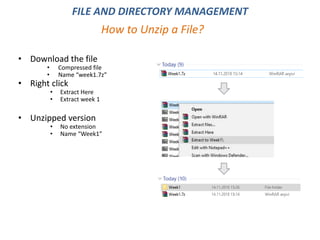 • Download the file
• Compressed file
• Name “week1.7z”
• Right click
• Extract Here
• Extract week 1
• Unzipped version
• No extension
• Name “Week1”
How to Unzip a File?
FILE AND DIRECTORY MANAGEMENT
 