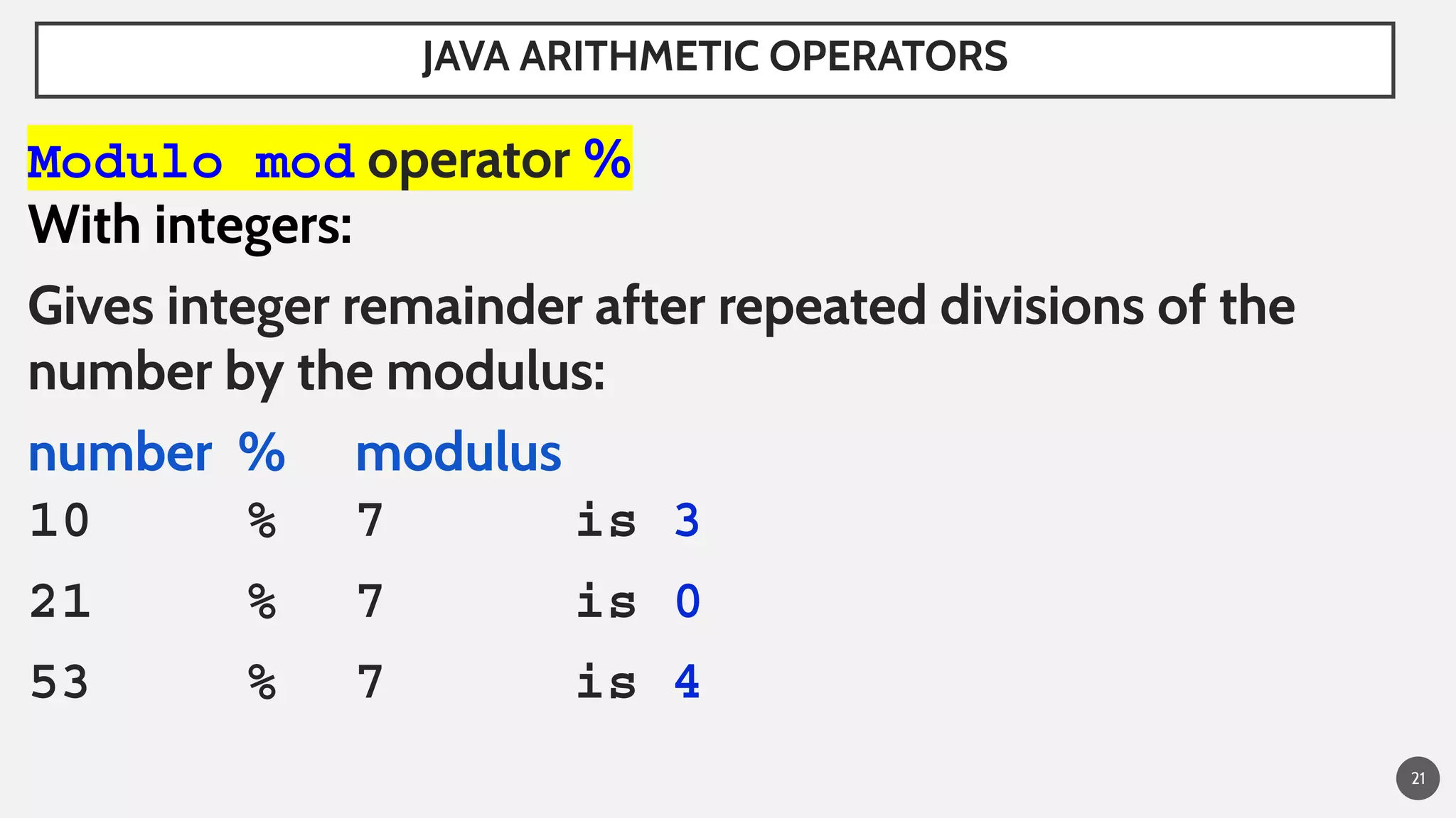 21
Modulo mod operator %
With integers:
Gives integer remainder after repeated divisions of the
number by the modulus:
number % modulus
10 % 7 is 3
21 % 7 is 0
53 % 7 is 4
JAVA ARITHMETIC OPERATORS
 