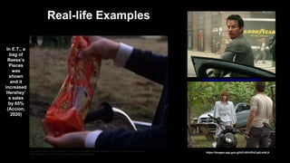 Real-life Examples
In E.T., a
bag of
Reese’s
Pieces
was
shown
and it
increased
Hershey’
s sales
by 65%
(Accion,
2020)
Trendjackers Team. (2018, December 11). 7 Genius Examples of Product Placement in TV & Cinema. Retrieved from
https://trendjackers.com/7-genius-examples-of-product-placement/
https://images.app.goo.gl/bCciKhVExCqdLmALA
https://images.app.goo.gl/PmxgCig3kynwrRSV9
 