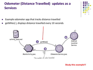 Odometer (Distance Travelled) updates as a
Services
 Example odometer app that tracks distance travelled
 getMiles( ), displays distance travelled every 10 seconds
Study this example!!!
 