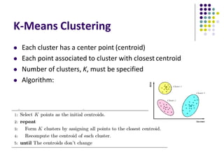 K-Means Clustering
 Each cluster has a center point (centroid)
 Each point associated to cluster with closest centroid
 Number of clusters, K, must be specified
 Algorithm:
 