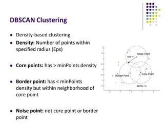 DBSCAN Clustering
 Density-based clustering
 Density: Number of points within
specified radius (Eps)
 Core points: has > minPoints density
 Border point: has < minPoints
density but within neighborhood of
core point
 Noise point: not core point or border
point
 