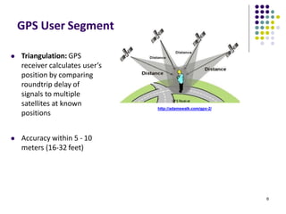 GPS User Segment
 Triangulation: GPS
receiver calculates user’s
position by comparing
roundtrip delay of
signals to multiple
satellites at known
positions
 Accuracy within 5 - 10
meters (16-32 feet)
6
http://adamswalk.com/gpx-2/
 