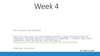 Week 4
THE ACCOUNTING PROCESS
THIS TEXT INCLUDES THE FOLLOWING CONTENT FROM INTRODUCTION TO
FINANCIAL ACCOUNTING BY H. DAUDERIS, D. ANNAND, T. JENSEN, AND LYRYX
LEARNING. VIEW THE ENTIRE TEXT FOR FREE AT
HTTPS://LYRYX.COM/INTRODUCTION-FINANCIAL-ACCOUNTING/
CONTENT: CHAPTER 2
By: Shabera Jacobs
 