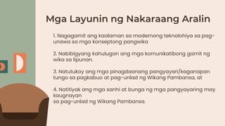 Mga Layunin ng Nakaraang Aralin
1. Nagagamit ang kaalaman sa modernong teknolohiya sa pag-
unawa sa mga konseptong pangwika
2. Nabibigyang kahulugan ang mga komunikatibong gamit ng
wika sa lipunan.
3. Natutukoy ang mga pinagdaanang pangyayari/kaganapan
tungo sa pagkabuo at pag-unlad ng Wikang Pambansa, at
4. Natitiyak ang mga sanhi at bunga ng mga pangyayaring may
kaugnayan
sa pag-unlad ng Wikang Pambansa.
 