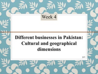 Week 4
Different businesses in Pakistan:
Cultural and geographical
dimensions
2-1
 