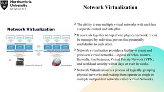 Network Virtualization
The ability to run multiple virtual networks with each has
a separate control and data plan.
It co-exists together on top of one physical network. It can
be managed by individual parties that potentially
confidential to each other.
Network virtualization provides a facility to create and
provision virtual networks—logical switches, routers,
firewalls, load balancer, Virtual Private Network (VPN),
and workload security within days or even in weeks.
Network Virtualization is a process of logically grouping
physical networks and making them operate as single or
multiple independent networks called Virtual Networks.
 