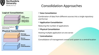 Consolidation Approaches
 Data Consolidation
Combination of data from different sources into a single repository
and format
 Application Consolidation
Reducing the number of applications
 Physical Consolidation
Hosting multiple application on one server
 Centralization
Consolidation of management control and system to a central location
 