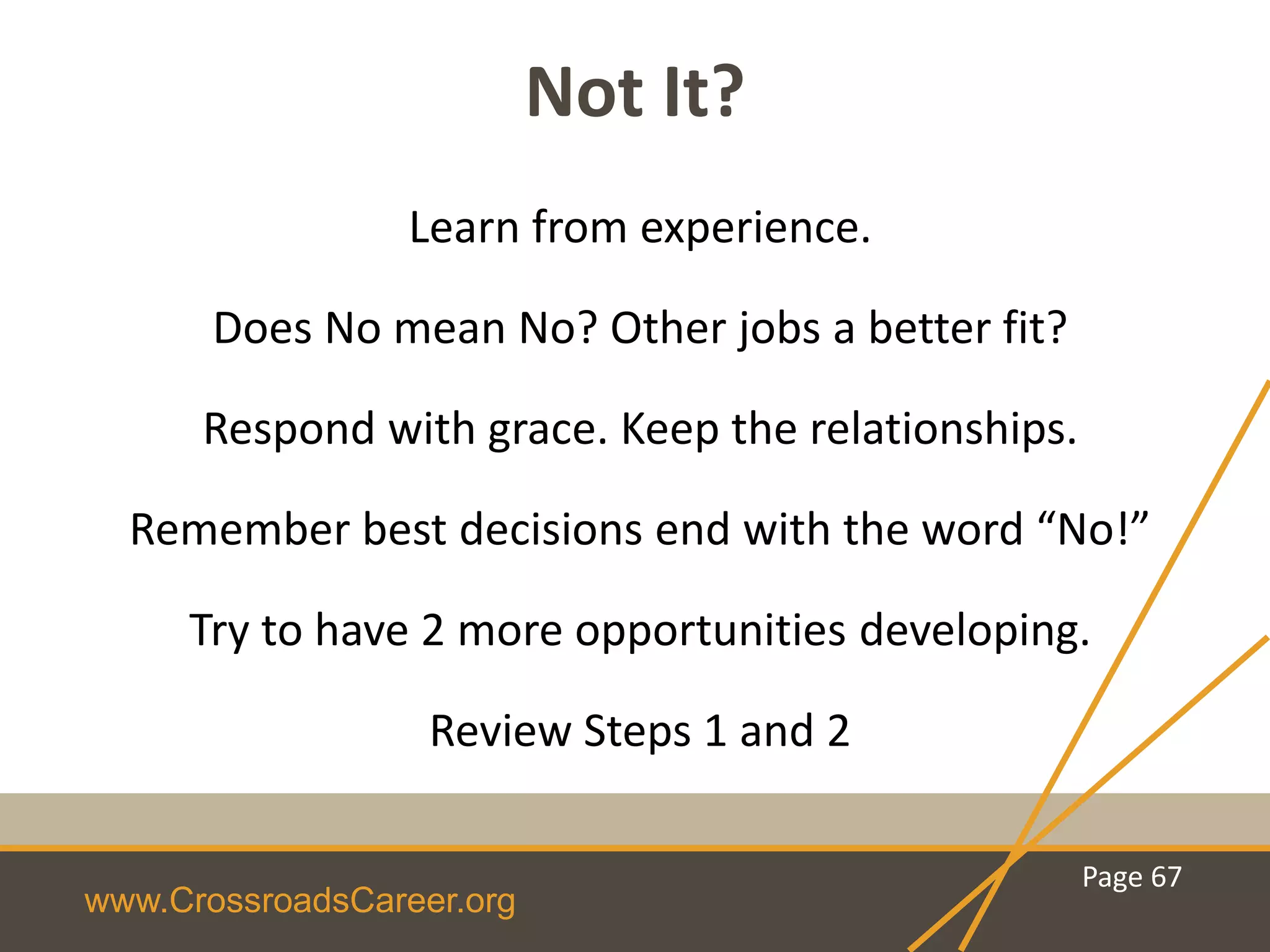 www.CrossroadsCareer.org
Not It?
Learn from experience.
Does No mean No? Other jobs a better fit?
Respond with grace. Keep the relationships.
Remember best decisions end with the word “No!”
Try to have 2 more opportunities developing.
Review Steps 1 and 2
Page 67
 