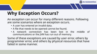 Why Exception Occurs?
An exception can occur for many different reasons. Following
are some scenarios where an exception occurs.
• A user has entered an invalid data.
• A file that needs to be opened cannot be found.
• A network connection has been lost in the middle of
communications or the JVM has run out of memory.
Some of these exceptions are caused by user error, others by
programmer error, and others by physical resources that have
failed in some manner.
 