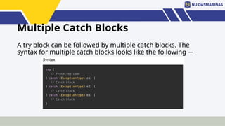 Multiple Catch Blocks
A try block can be followed by multiple catch blocks. The
syntax for multiple catch blocks looks like the following −
 