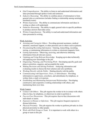 Part II: System Implementation_____________________________________________________________
• Oral Comprehension: The ability to listen to and understand information and
ideas presented through spoken words and sentences.
• Inductive Reasoning: The ability to combine pieces of information to form
general rules or conclusions (includes finding a relationship among seemingly
unrelated events).
• Written Expression: The ability to communicate information and ideas in
writing so others will understand.
• Deductive Reasoning: The ability to apply general rules to specific problems
to produce answers that make sense.
• Written Comprehension: The ability to read and understand information and
ideas presented in writing.
Work Activities
• Assisting and Caring for Others: Providing personal assistance, medical
attention, emotional support, or other personal care to others such as patients.
• Documenting/Recording Information: Entering, transcribing, recording,
storing, or maintaining information in written or electronic/magnetic form.
• Getting Information: Observing, receiving, and otherwise obtaining
information from all relevant sources.
• Updating and Using Relevant Knowledge: Keeping up-to-date technically
and applying new knowledge to the job.
• Organizing, Planning, and Prioritizing Work: Developing specific goals and
plans to prioritize, organize, and accomplish the work.
• Making Decisions and Solving Problems: Analyzing information and
evaluating results to choose the best solution and solve problems.
• Working Directly with the Public: Dealing directly with the public.
• Communicating with Supervisors, Peers, or Subordinates: Providing
information to supervisors, coworkers, and subordinates by telephone, in
written form, e-mail, or in person.
• Establishing and Maintaining Interpersonal Relationships: Developing
constructive and cooperative working relationships with others, and
maintaining them over time.
Work Context
• Contact with Others: This job requires the worker to be in contact with others
(face-to-face, by telephone, or otherwise) in order to perform it.
• Face-to-Face Discussions: This job requires face-to-face discussions with
individuals or teams.
• Exposure to Disease or Infections: This job requires frequent exposure to
disease/infections.
• Physical Proximity: This job requires the worker to perform job tasks in close
physical proximity to other people.
• Work with Work Group or Team: It is important to work with others in a
group or team in this job.
68
 