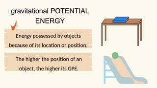 Energy possessed by objects
because of its location or position.
gravitational POTENTIAL
ENERGY
The higher the position of an
object, the higher its GPE.
 