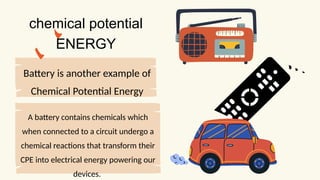 Battery is another example of
Chemical Potential Energy
A battery contains chemicals which
when connected to a circuit undergo a
chemical reactions that transform their
CPE into electrical energy powering our
devices.
chemical potential
ENERGY
 