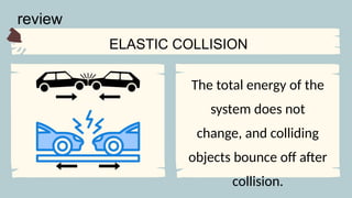 ELASTIC COLLISION
review
The total energy of the
system does not
change, and colliding
objects bounce off after
collision.
 