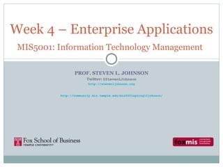 PROF. STEVEN L. JOHNSON Twitter:  @StevenLJohnson http://stevenljohnson.org http://community.mis.temple.edu/mis5001spring12johnson/ Week 4 – Enterprise Applications  MIS5001: Information Technology Management   