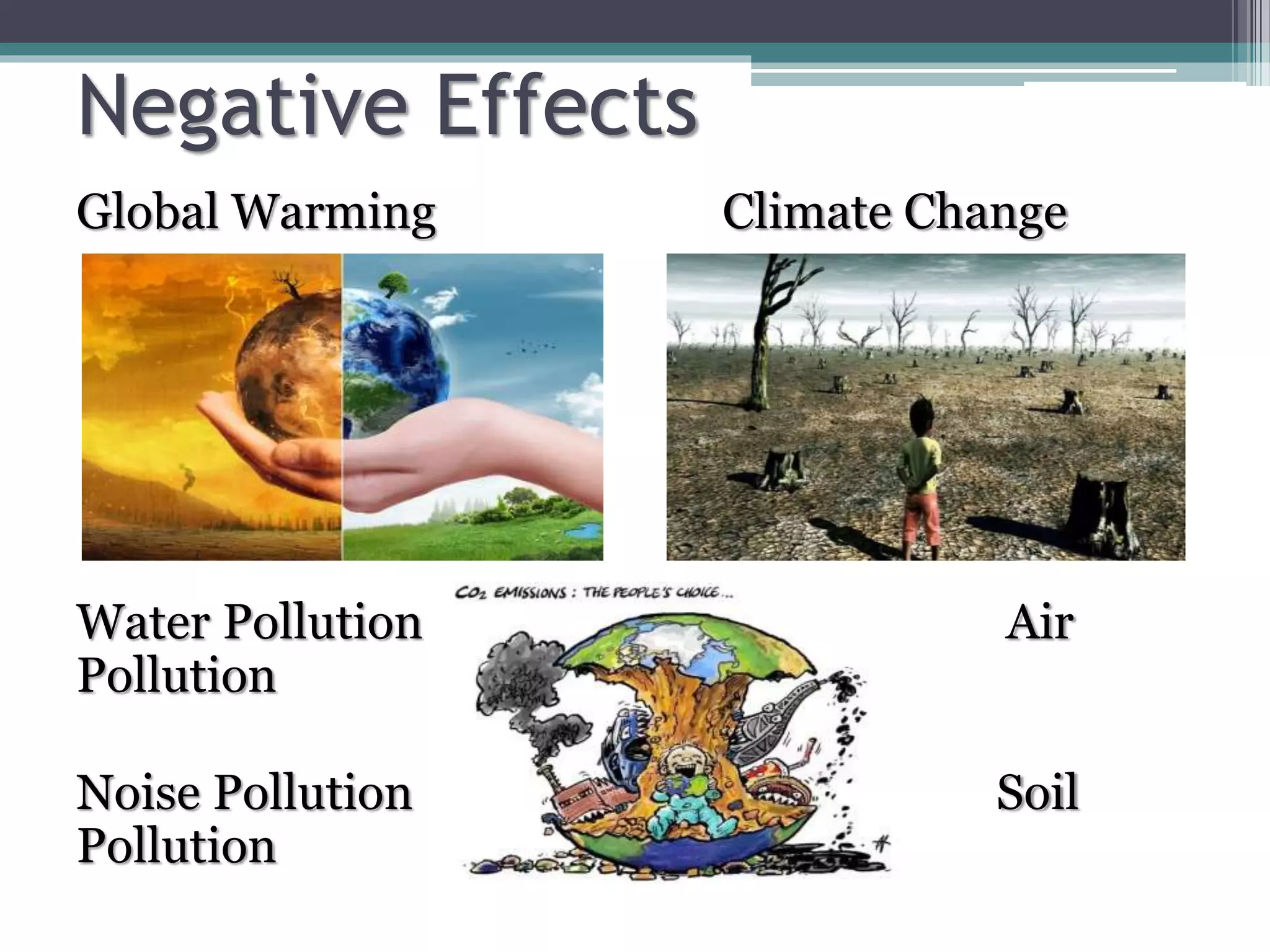 Negative Effects
Global Warming Climate Change
Water Pollution Air
Pollution
Noise Pollution Soil
Pollution
 