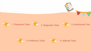 1. Placement Tests 2. Diagnostic Tests 3. Achievement Test
4. Proficiency Tests 5. Aptitude Tests
 