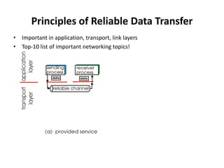 Principles of Reliable Data Transfer
• Important in application, transport, link layers
• Top-10 list of important networking topics!

 