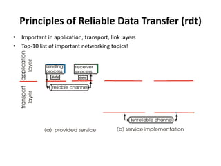 Principles of Reliable Data Transfer (rdt)
• Important in application, transport, link layers
• Top-10 list of important networking topics!

 