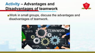 Activity – Advantages and
Disadvantages of teamwork
▪Work in small groups, discuss the advantages and
disadvantages of teamwork.
 