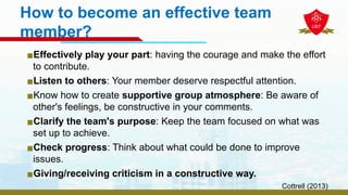 How to become an effective team
member?
▪Effectively play your part: having the courage and make the effort
to contribute.
▪Listen to others: Your member deserve respectful attention.
▪Know how to create supportive group atmosphere: Be aware of
other's feelings, be constructive in your comments.
▪Clarify the team's purpose: Keep the team focused on what was
set up to achieve.
▪Check progress: Think about what could be done to improve
issues.
▪Giving/receiving criticism in a constructive way.
Cottrell (2013)
 