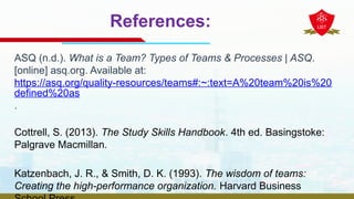 ASQ (n.d.). What is a Team? Types of Teams & Processes | ASQ.
[online] asq.org. Available at:
https://asq.org/quality-resources/teams#:~:text=A%20team%20is%20
defined%20as
.
Cottrell, S. (2013). The Study Skills Handbook. 4th ed. Basingstoke:
Palgrave Macmillan.
Katzenbach, J. R., & Smith, D. K. (1993). The wisdom of teams:
Creating the high-performance organization. Harvard Business
References:
 