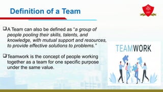Definition of a Team
A Team can also be defined as “a group of
people pooling their skills, talents, and
knowledge, with mutual support and resources,
to provide effective solutions to problems.”
Teamwork is the concept of people working
together as a team for one specific purpose
under the same value.
 
