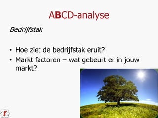 ABCD-analyse 
Bedrijfstak 
• Hoe ziet de bedrijfstak eruit? 
• Markt factoren – wat gebeurt er in jouw 
markt? 
 